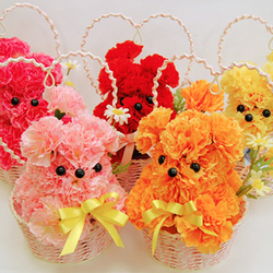 Mini perritos en canastas individuales. Mascotas florales.