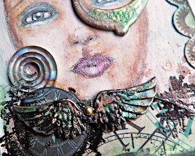 Scraps of Darkness scrapbook kits: Mixed media steampunk portrait canvas by Lisa Novogrodsk, created with our Sept. Tanya's Industrial Odyssey kit.