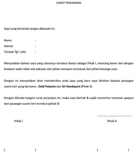 Contoh Surat Perjanjian Adopsi Serah Terima Anak Kandung 