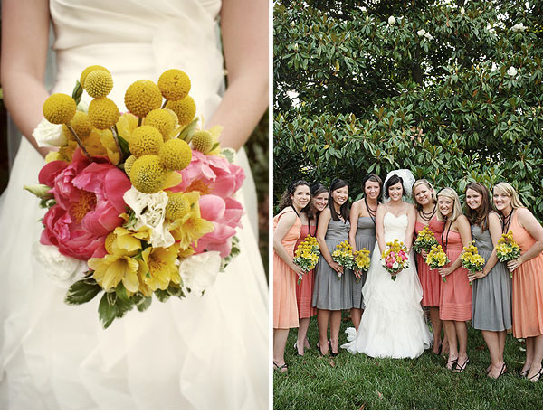 Grey and apricot works well together although the yellow flowers look