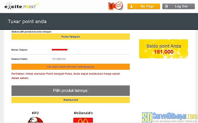 Menu penukaran poin di situs Excite Point | SurveiDibayar.com