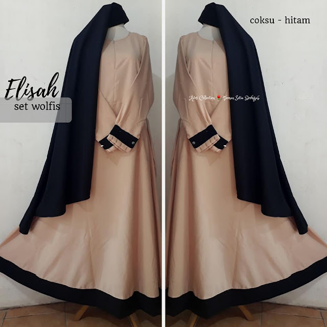 Gamis plus khimar elisah set wolfis warna coksu - hitam