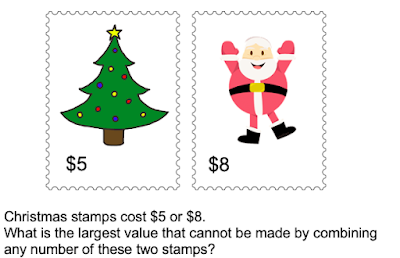 Christmas stamps cost $5 or $8. What is the largest value that cannot be made by combining any number of these two stamps?