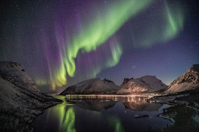 Mountain Beside Body of Water With Aurora Borealis | High Resolution Photo