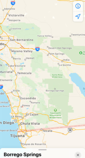 Location of Borrego Springs as shown on iPhone map application