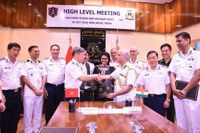 Image Attribute: A high-level meeting between Coast Guards of India and Vietnam was held at Indian Coast Guard Headquarters, New Delhi on October 1, 2018. / Source: ICG's twitter handle.