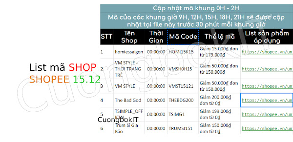 Tổng Hợp List Mã SHOP Sale SHOPEE Các Khung Giờ - CuongbokIT