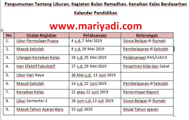 Pengumuman Tentang Liburan, Kegiatan Bulan Ramadhan, Kenaikan Kelas Berdasarkan Kalender Pendidikan