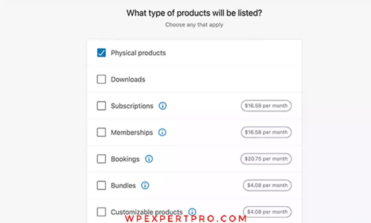 Select product types