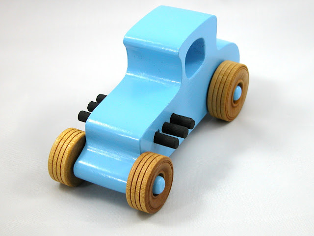 Wood Toy Car Hot Rod '27 T-Coupe, Handmade and Finished with Baby Blue and Black Acrylic Paint and Amber Shellac, Race Car, Street Rod