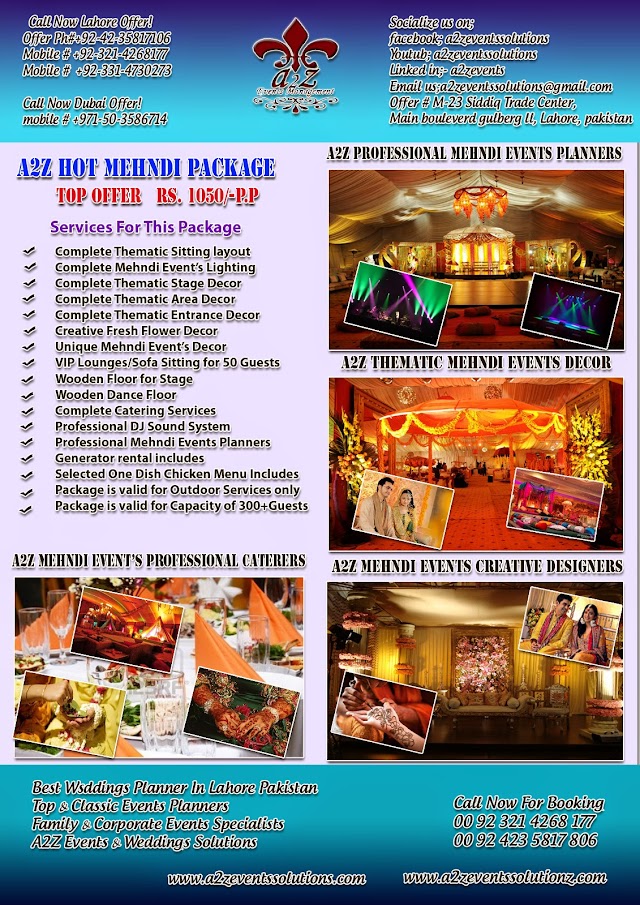 Best Mehndi Weddings Events Packages in Lahore Pakistan, Top Best and unique Weddings Events Designed by A2Z Events Solutions, Top listed Weddings Events Planners in Pakistan