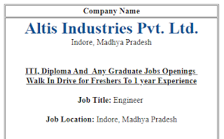 Altis Industries Pvt Ltd Jobs Openings  ITI, Diploma And  Any Graduate Candidates | Walk In Drive for Freshers and Experienced