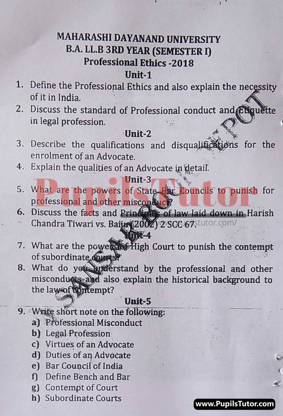 MDU (Maharshi Dayanand University, Rohtak Haryana) LLB Regular Exam (Hons.) First Semester Previous Year Professional Ethic Question Paper For 2018 Exam (Question Paper Page 1) - pupilstutor.com