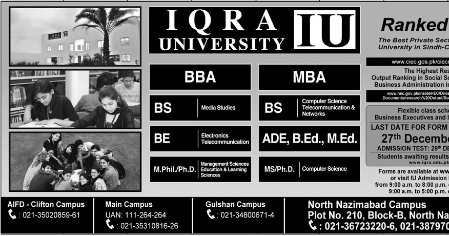 IU IQRA University Admission 2016 BBA, BS, MBA, MS, PhD, M 