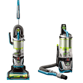 The Bissell Pet Hair Eraser Lift-Off vacuum, with the canister on, and with it detached.