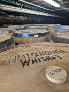 Whiskey Barrel with Chattanooga whiskey burned onto it and a barrel date of 6/3/24