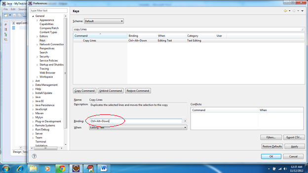 Copy lines command issue in eclipse