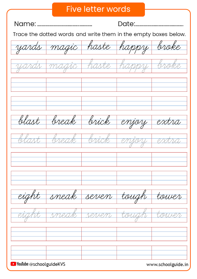 Five Letter Words Cursive Worksheets