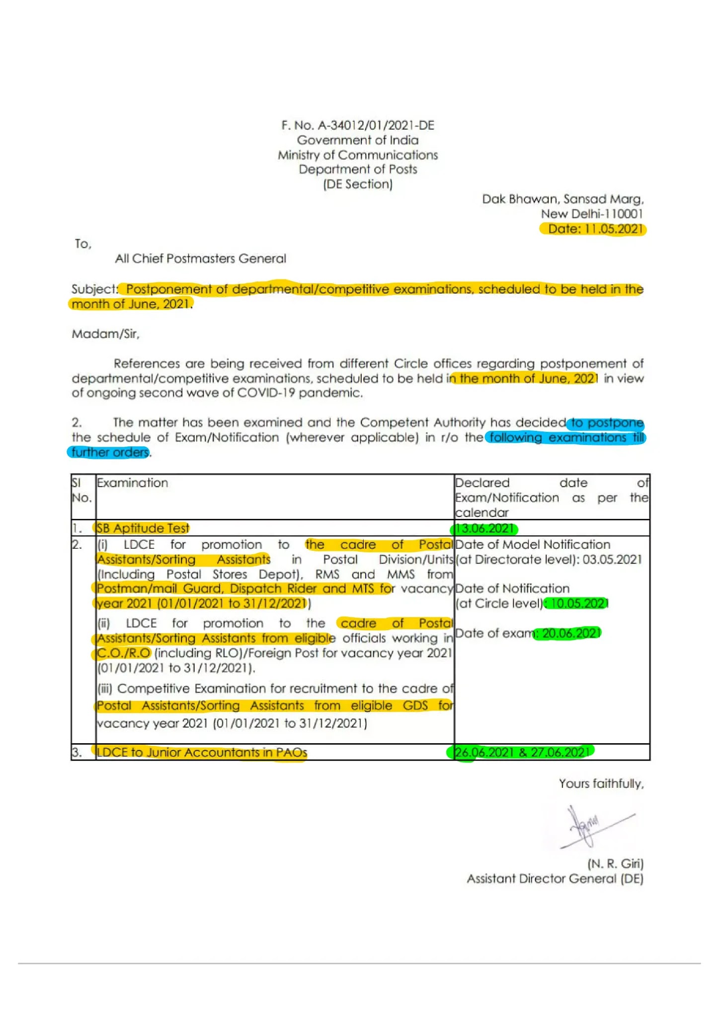 
Postponement of departmental/competitive examinations scheduled to be held in the month of June 2021  | Postal Assistant/Sorting Assistant Exam
