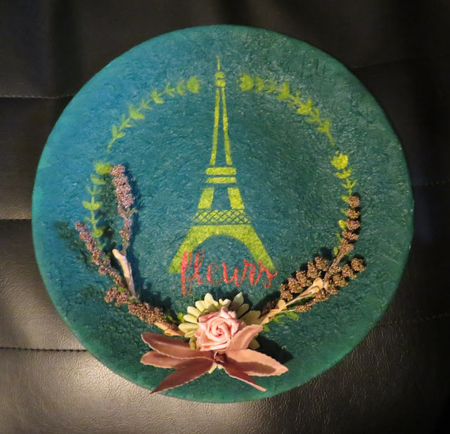 painting of Eiffel Tower on plate with flowery embellishments