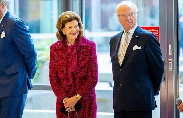 Queen Maxima wore a burgundy aubergine suit blazer by Zara. H&M pink headpiece. Queen Silvia wore a tweed dress set by Chanel