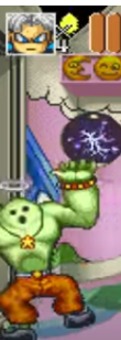 Shows green muscle monster like green lay sort of man with purple magic ball above his left hand wearing orange trousers and shows a image of silver demonic style of man face with 4 for how many lives left and 2 health bar parts here in like a kids bedroom area.png