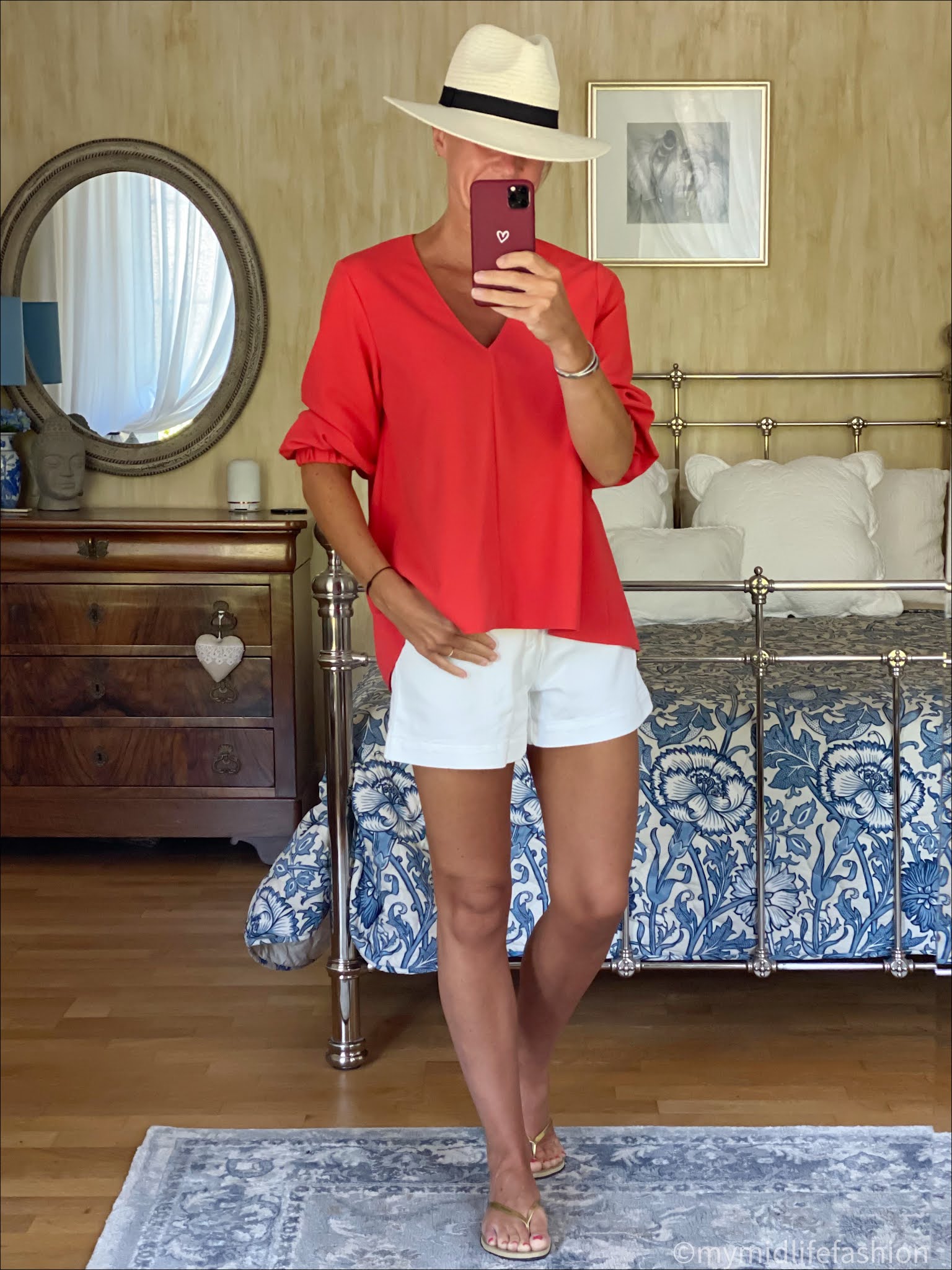 my midlife fashion, Baukjen Elina Organic cotton shorts, Tibi three quarter sleeve top, Zara Panama hat, havaianas slim fit gold flip flops