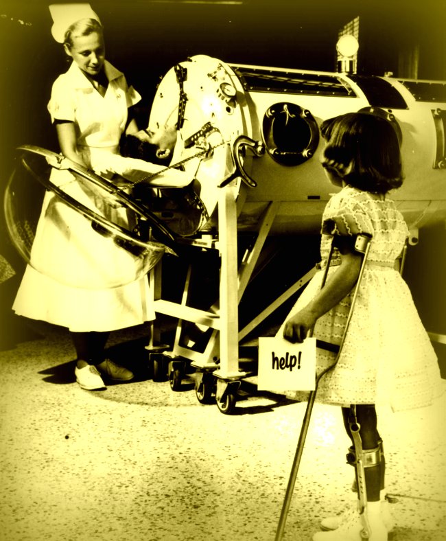 Enfermera y niño con poliomielitis