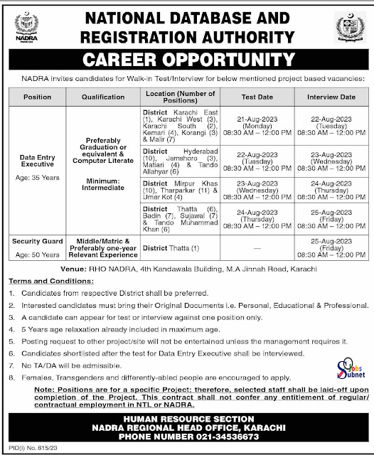 National Database and Registration Authority NADRA Jobs 2023 | Walk in Interview and Test