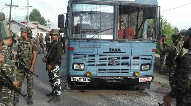 At least eight CRPF personnel were killed after suspected militants opened fire on a bus carrying the jawans in Pampore, Jammu-Kashmir. Two terrorists were also gunned down in the return fire by the paramilitary force.(Source: Express Photo by Shuaib Masoodi)