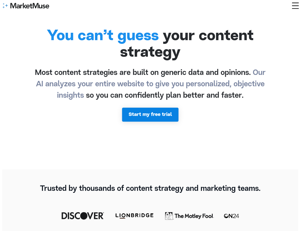 can’t guess your content strategy Most content strategies are built on generic data and opinions. Our AI analyzes your entire website to give you personalized, objective insights so you can confidently plan better and faster.