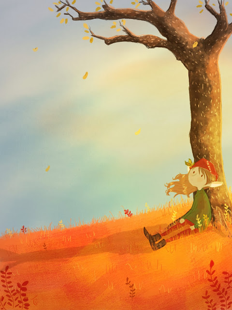 Autumn elf under a tree on sunset