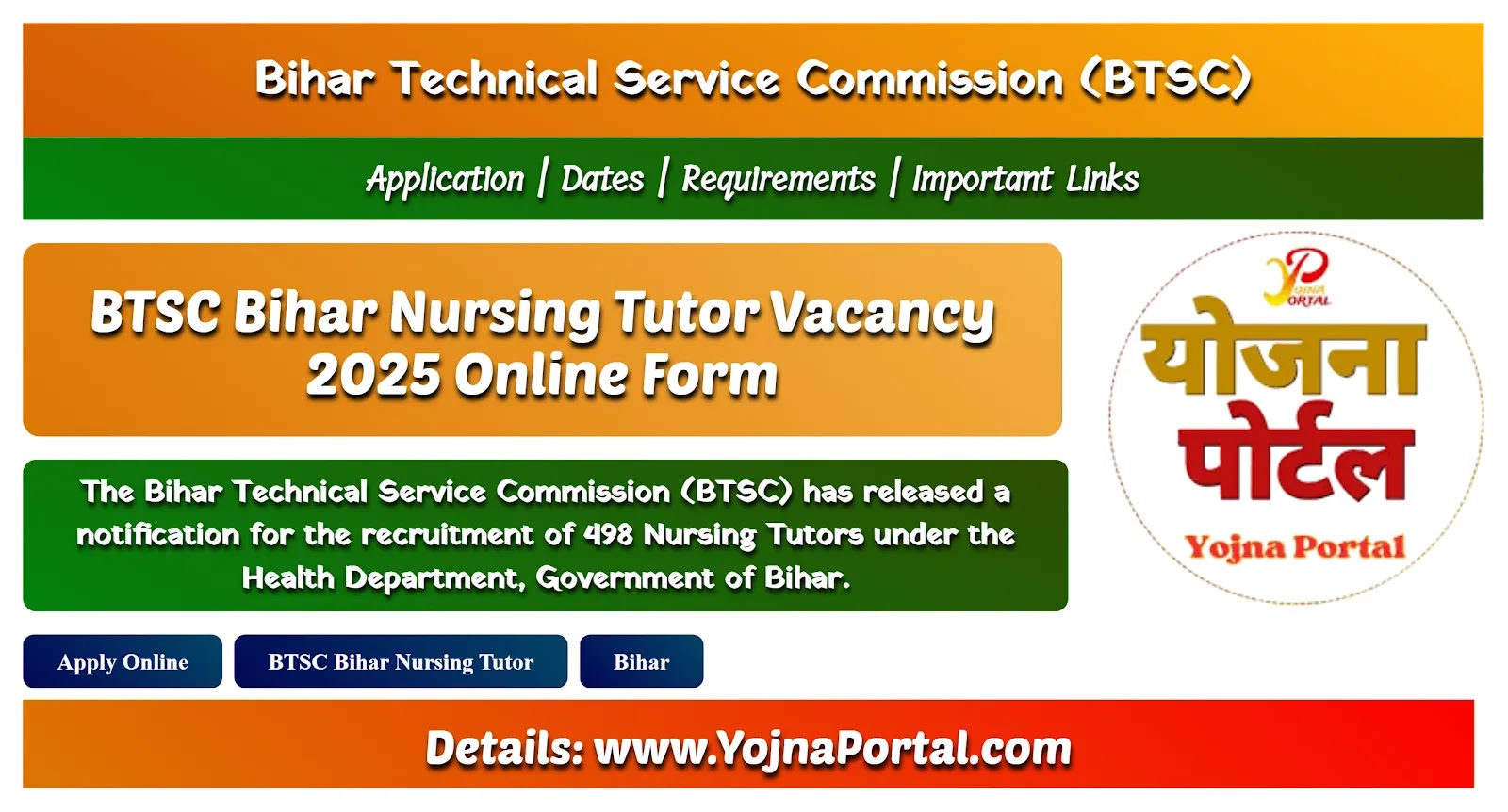 BTSC Bihar Nursing Tutor Vacancy 2025 Online Form | www.YojnaPortal.com