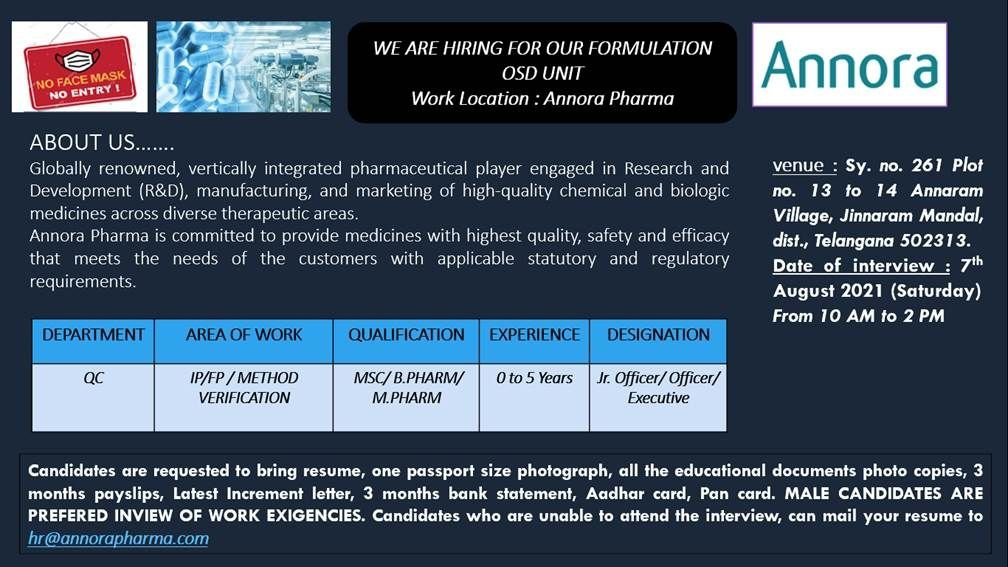 Job Availables, Annora Pharma Walk-In Interviews for Freshers & Experienced in Msc/ B.Pharm/ M.Pharm - Quality Control