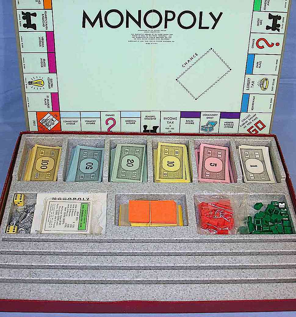 a 1964 Monopoly board game, color photograph of box and pieces