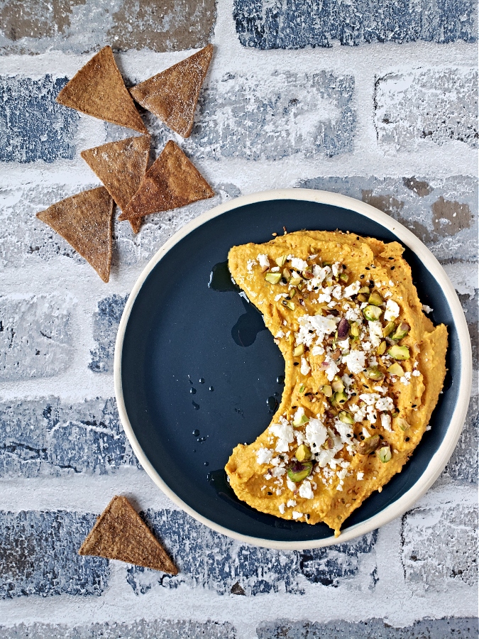 Roasted Carrot Hummus With Feta & Pistachios