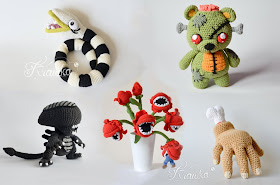 Krawka: TOP 5 Halloween patterns: Nightmare the snake, Frankie the zombie bear, The hand from Addams Family, Alien and Bouquet of man eating plants, crochet patterns by Krawka https://www.etsy.com/shop/Krawka?ref=seller-platform-mcnav