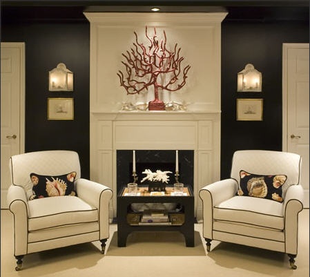 traditional black and white living room coral fan