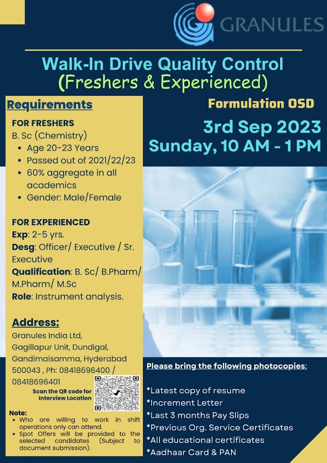 Granules India Limited | Walk-in interview for Freshers and Experienced in QC on 3rd Sep 2023