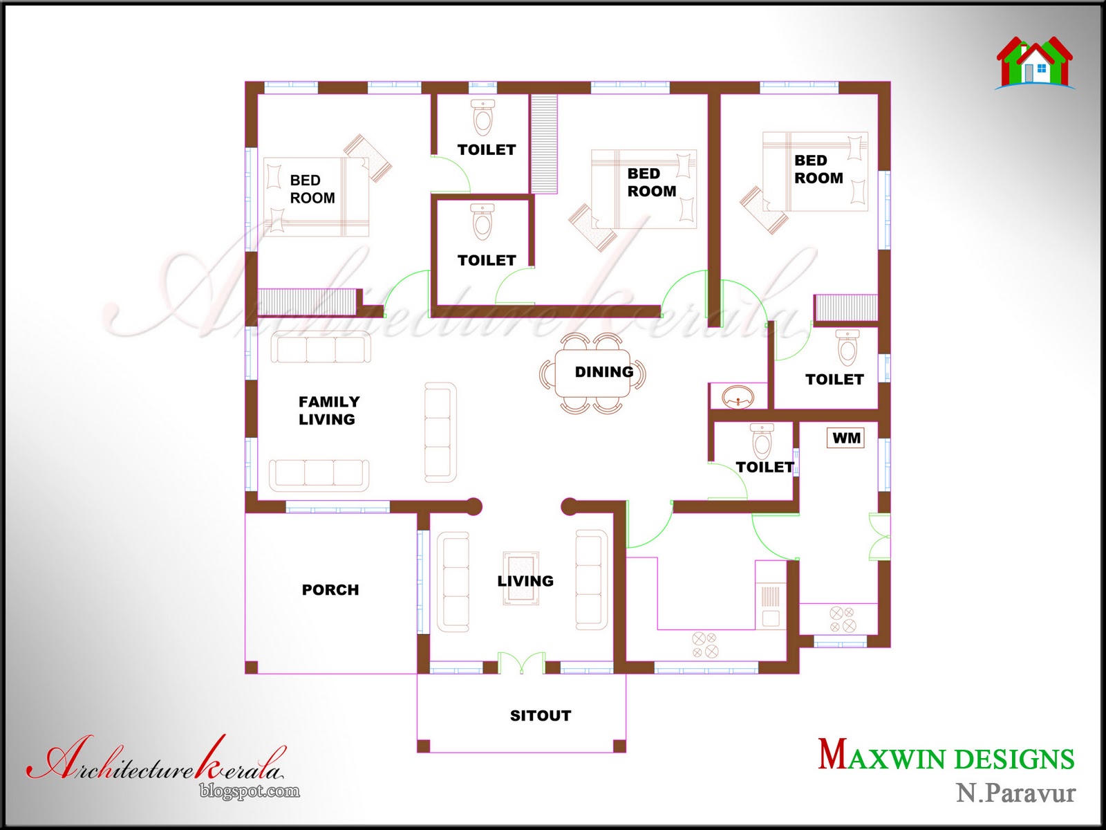 Architecture Kerala  3 BHK SINGLE FLOOR KERALA  HOUSE  PLAN  