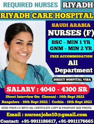 Urgently Required Nurses for Riyadh Care Hospital, Riyadh, Saudi Arabia