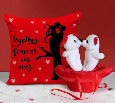 TIED RIBBONS Valentines Day Gift for Boyfriend Girlfriend Husband Wife Girls Boys - Valentines Combo Printed Cushion (12 Inch X 12 Inch) with Filler and Couple Teddy Bear