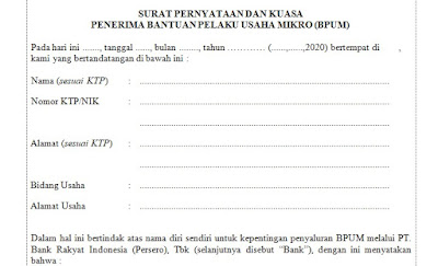 Contoh Surat Pernyataan Dan Kuasa BPUM Untuk Pencairan BLT UMKM 2,4 Juta