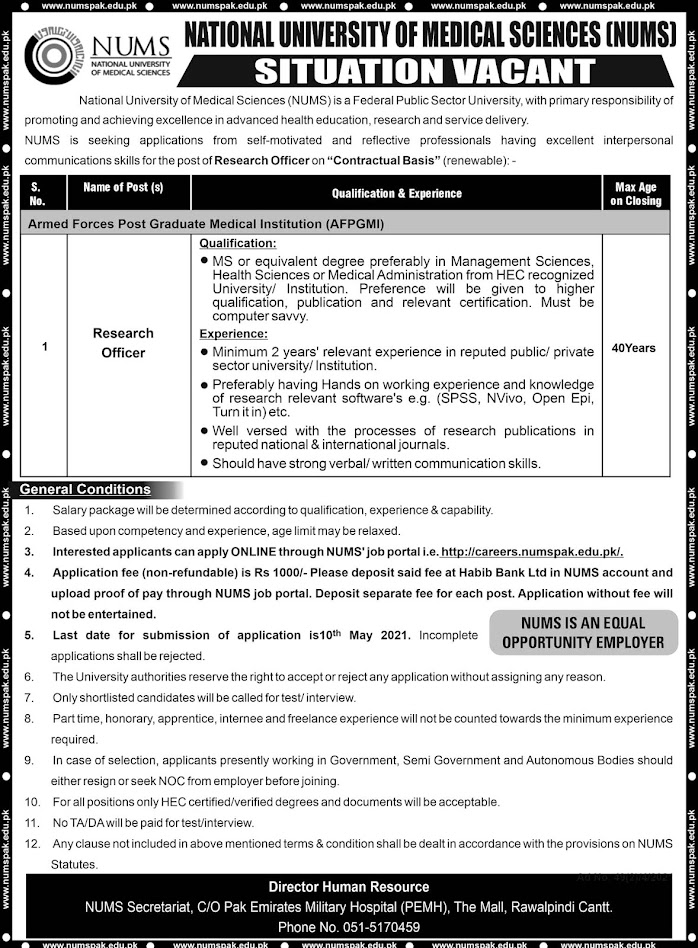 Latest Jobs in National University of Medical Sciences NUMS April-2021