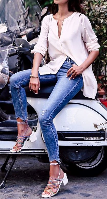 casual style outfit idea: blouse + skinny + heels