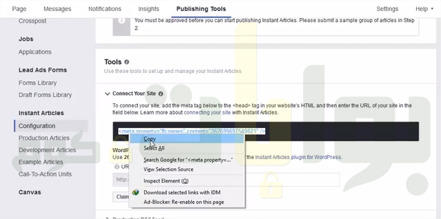 ثم تذهب الى الصفحة التى قمت باختيارها لتفعيل المقالات الفورية ثم اضغط على ادوات النشر ثم افتح تبويب التكوين ثم اذهب الى ربط موقعك ثم اكتب رابط موقعك فى مربع اسم الموقع وقم بنسخ كود الميتا الملون كما فى الصورة حتى نقوم بوضعه فى قالب الورد بريس تابع الصور