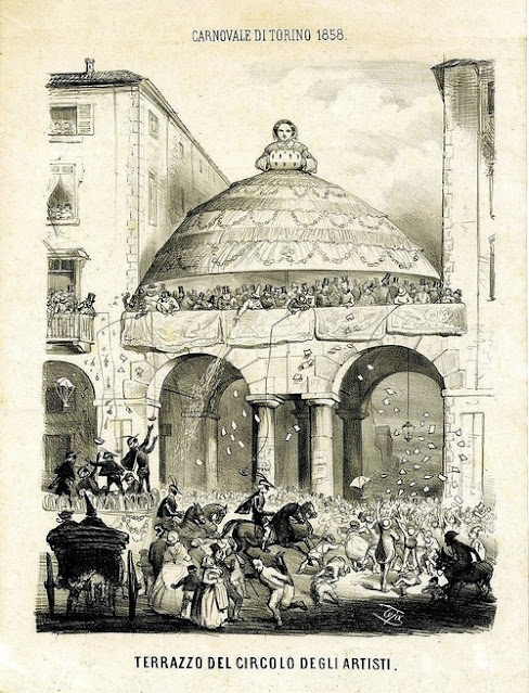 Festa di carnevale sul terrazzo del Circolo degli Artisti - litografia 1858 Casimiro Teja
