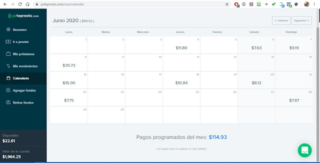 Calendario de pagos Junio