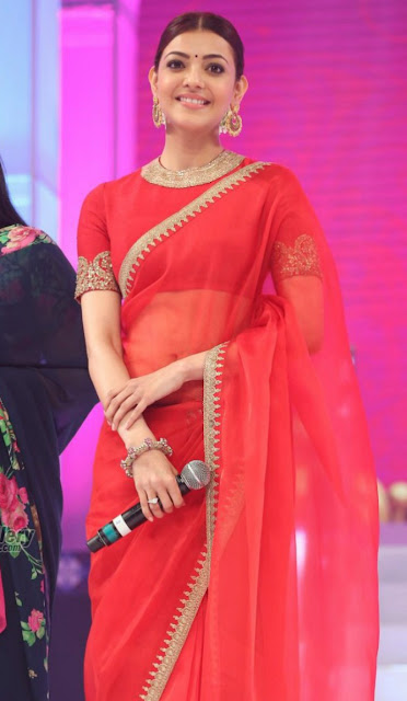 kajal agarwal latest hot navel show red saree stills