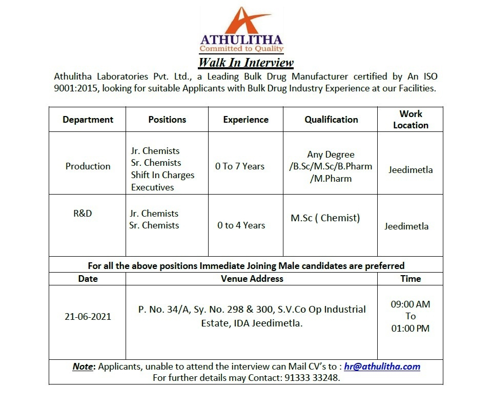 Job Availables, Athulitha Laboratories Pvt. Ltd Interview for Freshers & Experienced B.Sc / M.Sc / B.Pharm / M.Pharm / Any Degree in Production / R&D